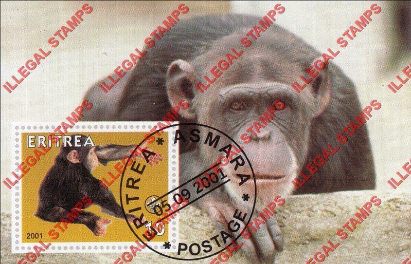 Eritrea 2001 Monkey Chimpanzee Counterfeit Illegal Stamp Souvenir Sheet of 1 Eritrea 2001 Monkey Chimpanzee Counterfeit Illegal Stamp Souvenir Sheet of 1